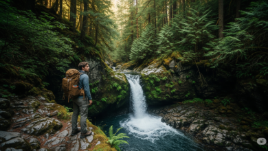 Hiker standing at a secluded hidden waterfall in Fraser Valley, surrounded by moss-covered rocks and dense forest