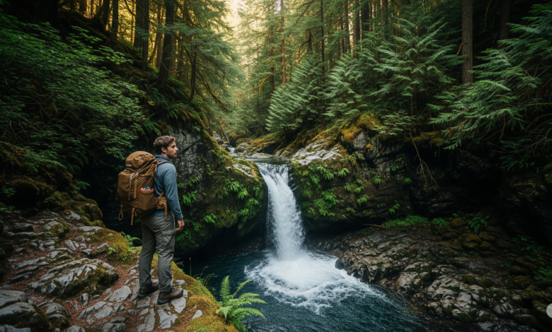 Hiker standing at a secluded hidden waterfall in Fraser Valley, surrounded by moss-covered rocks and dense forest