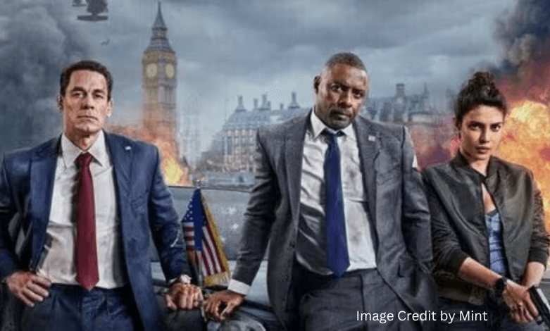 John Cena, Idris Elba, and Priyanka Chopra standing together in a scene from Heads of State movie