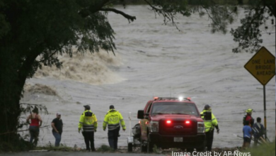 Floodwaters from the Guadalupe River submerging parts of Camp Mystic in Hunt, Texas during July 2025 flooding