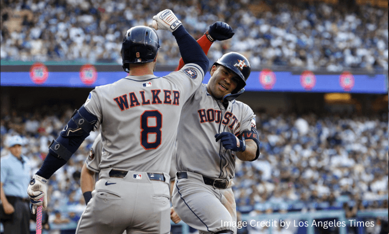 José Altuve celebrates after hitting a home run against the Dodgers at Dodger Stadium