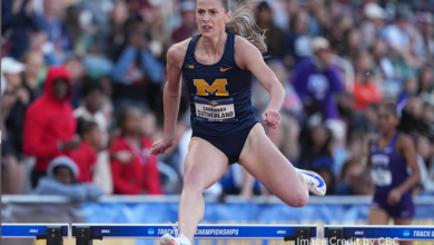 Savannah Sutherland clears a hurdle during her record-breaking NCAA 400m race