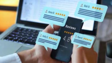 Person holding a smartphone displaying customer ratings, with digital bubbles showing user feedback and star ratings, representing the impact of honest product reviews.