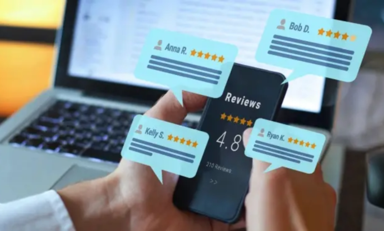 Person holding a smartphone displaying customer ratings, with digital bubbles showing user feedback and star ratings, representing the impact of honest product reviews.