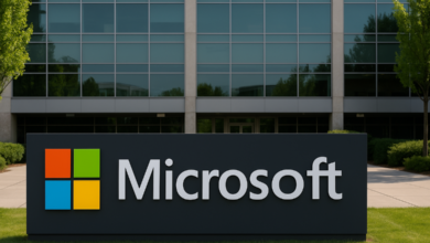 Microsoft headquarters sign in front of modern office building during 2025 Microsoft layoffs announcement