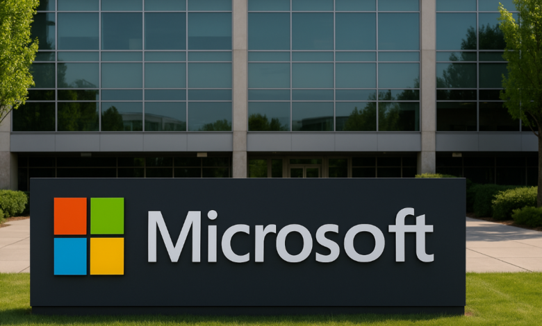 Microsoft headquarters sign in front of modern office building during 2025 Microsoft layoffs announcement