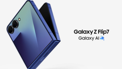 Samsung Galaxy Z Flip7 showcasing foldable design and Galaxy AI features in sleek blue finish