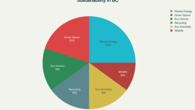 Pie chart illustrating sustainable living in British Columbia, highlighting categories such as renewable energy, green space, eco homes, recycling, eco activities, and wildlife.