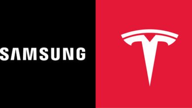 Samsung and Tesla logos side by side representing the $16.5 billion AI chip deal partnership