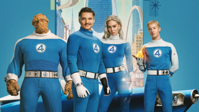 The Fantastic Four stand together in their classic blue costumes, showcasing their unique superpowers and unity, with a modern cityscape backdrop and their iconic vehicle visible behind them.