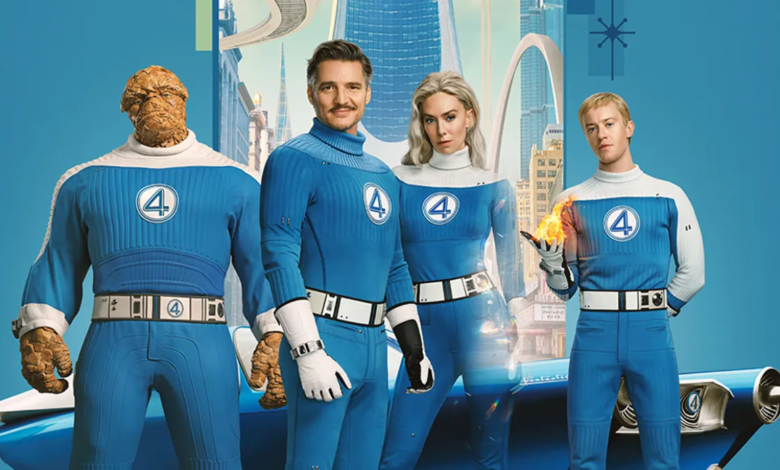 The Fantastic Four stand together in their classic blue costumes, showcasing their unique superpowers and unity, with a modern cityscape backdrop and their iconic vehicle visible behind them.