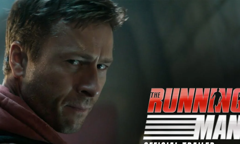 Glen Powell starring in The Running Man Reboot, looking intense in a dystopian setting.