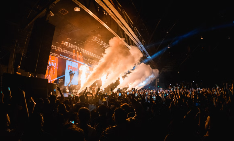 Crowd enjoying a live concert with smoke effects and dynamic lighting, capturing the energy of top upcoming events & festivals.