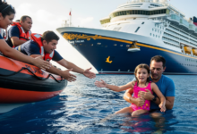 Father and daughter being rescued from the ocean beside the Disney Dream cruise ship after falling overboard