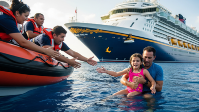 Father and daughter being rescued from the ocean beside the Disney Dream cruise ship after falling overboard