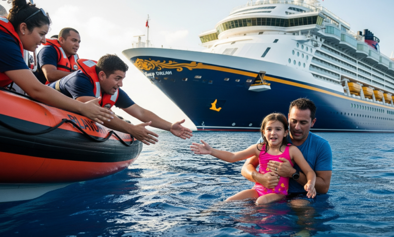 Father and daughter being rescued from the ocean beside the Disney Dream cruise ship after falling overboard