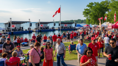 People enjoying Canada Day celebrations at Marina Park in Thunder Bay, with stages, food stalls, and lakefront views