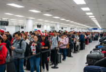Passengers waiting in long lines at Vancouver International Airport during Canada Day flight delays