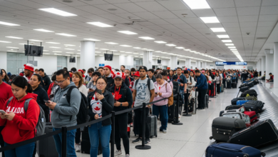 Passengers waiting in long lines at Vancouver International Airport during Canada Day flight delays
