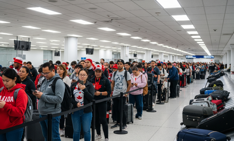Passengers waiting in long lines at Vancouver International Airport during Canada Day flight delays