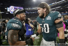 NFL linebacker Bryan Braman celebrating with Eagles teammates after Super Bowl LII victory