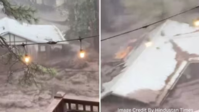 A house being carried away by floodwaters in Ruidoso, New Mexico during the July 2025 flash flood