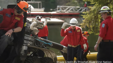 BC Wildfire Service and local firefighters working together to suppress a wildfire near a forested community in British Columbia.