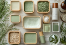 Eco-friendly skincare products made in British Columbia arranged on moss and driftwood background