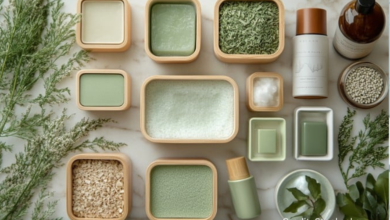 Eco-friendly skincare products made in British Columbia arranged on moss and driftwood background