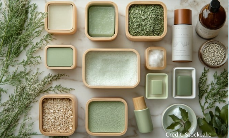 Eco-friendly skincare products made in British Columbia arranged on moss and driftwood background