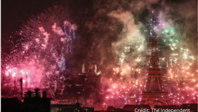 Bastille Day 2025 Eiffel Tower illuminated with fireworks and drones lighting up the Paris sky