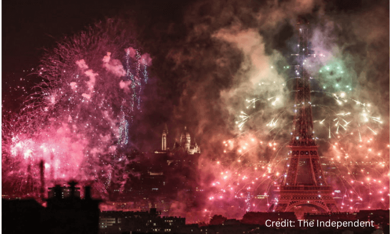Bastille Day 2025 Eiffel Tower illuminated with fireworks and drones lighting up the Paris sky