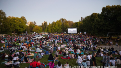 People watching a free outdoor movie at Stanley Park on a summer night in Vancouver