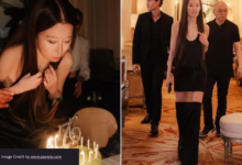 Vera Wang in a black crystal-studded minidress celebrating her 76th birthday in Paris