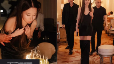 Vera Wang in a black crystal-studded minidress celebrating her 76th birthday in Paris