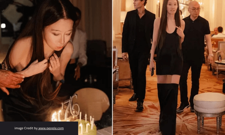 Vera Wang in a black crystal-studded minidress celebrating her 76th birthday in Paris
