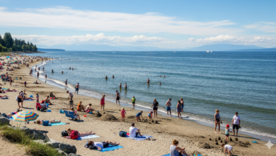 Families enjoying the panoramic shoreline at Crescent Beach Surrey BC on a sunny summer day