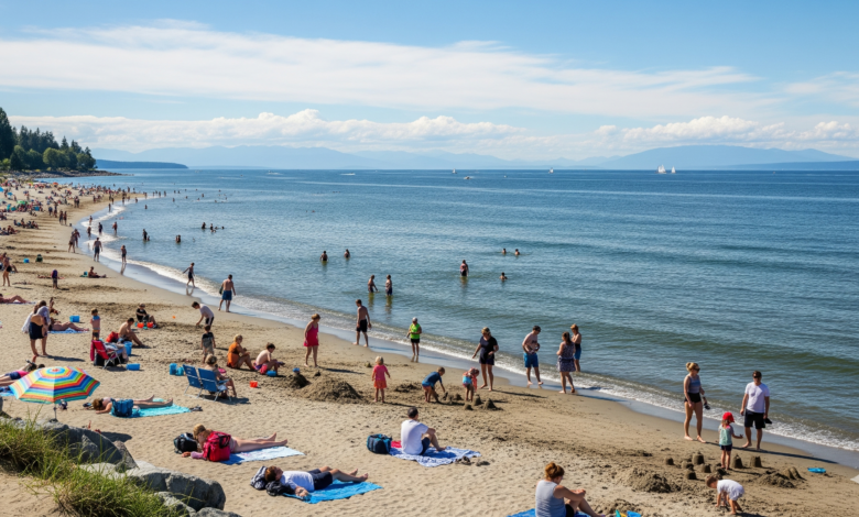 Families enjoying the panoramic shoreline at Crescent Beach Surrey BC on a sunny summer day