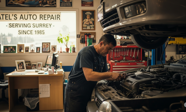 Experienced mechanic servicing a car at a family-run auto repair shop in Surrey