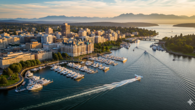 Aerial view of Victoria Inner Harbour with boats and skyline, popular city for remote workers in British Columbia