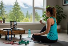 Woman participating in an online fitness coaching session at home in British Columbia using a laptop and resistance bands