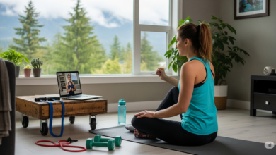 Woman participating in an online fitness coaching session at home in British Columbia using a laptop and resistance bands