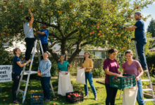 Volunteers picking apples from a backyard tree as part of the Community Harvest Program in Surrey & White Rock