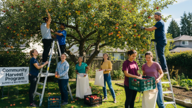 Volunteers picking apples from a backyard tree as part of the Community Harvest Program in Surrey & White Rock