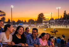 Visitors enjoying rides and rodeo events at the 2025 Cloverdale Rodeo & Country Fair in Surrey under a summer sunset