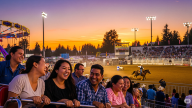 Visitors enjoying rides and rodeo events at the 2025 Cloverdale Rodeo & Country Fair in Surrey under a summer sunset