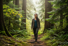 A woman walking slowly and mindfully through a lush green trail during a forest therapy session in Vancouver.