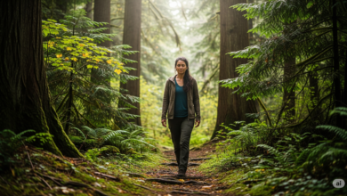 A woman walking slowly and mindfully through a lush green trail during a forest therapy session in Vancouver.