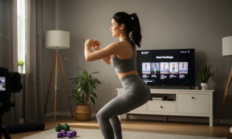 Young woman performing a safe TikTok workout challenge in her living room with correct posture and form