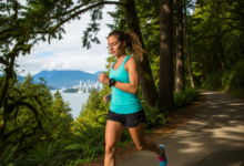 A young BC resident jogging on a Vancouver trail while checking a smartwatch tracking fitness data